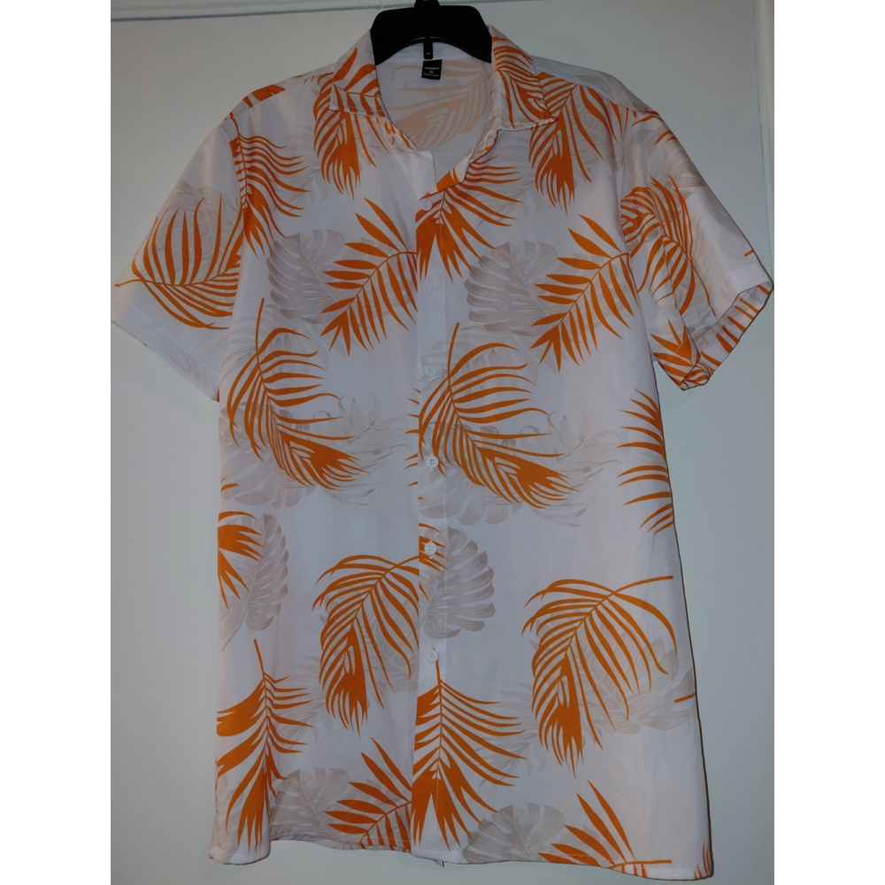 Manfinity Men's Orange/White Short Sleeve Tropical Shirt XL